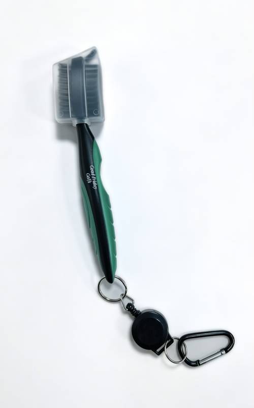 Good Friday Golfs club brush, green and black, with retractable clip